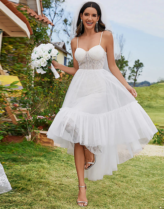 Tulle Sweetheart Spaghetti Strap High Low Wedding Dresses - Rosa Apparel