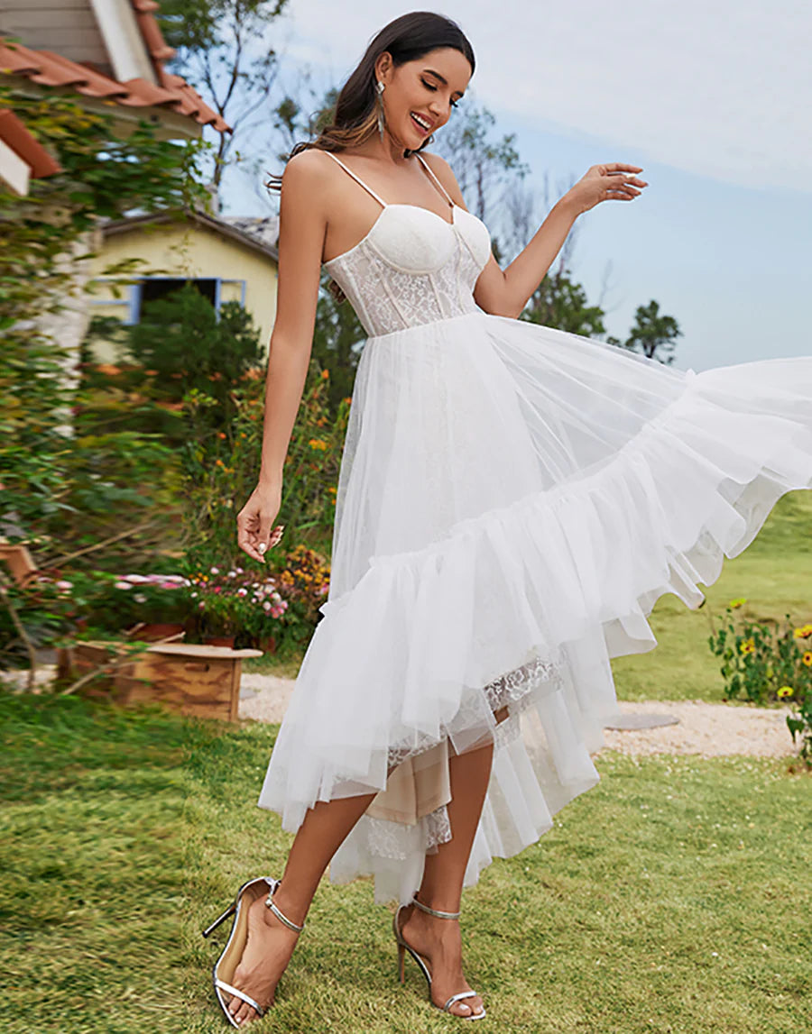 Tulle Sweetheart Spaghetti Strap High Low Wedding Dresses - Rosa Apparel