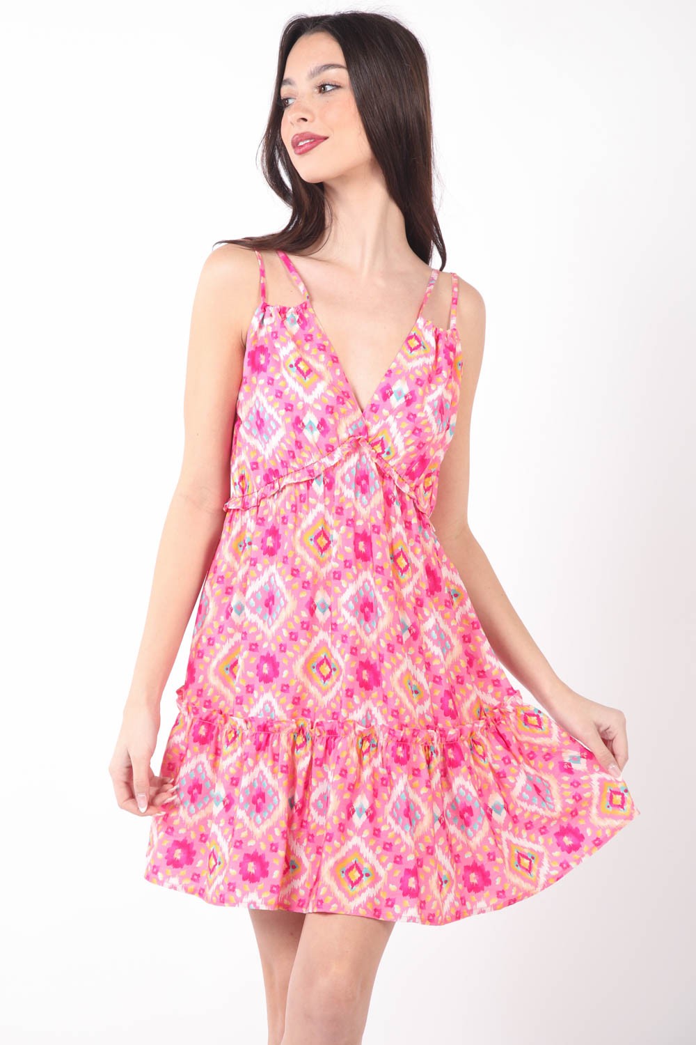 VERY J Floral Back Smocked Ruffled V-Neck Spaghetti Straps Mini Dress - Rosa Apparel