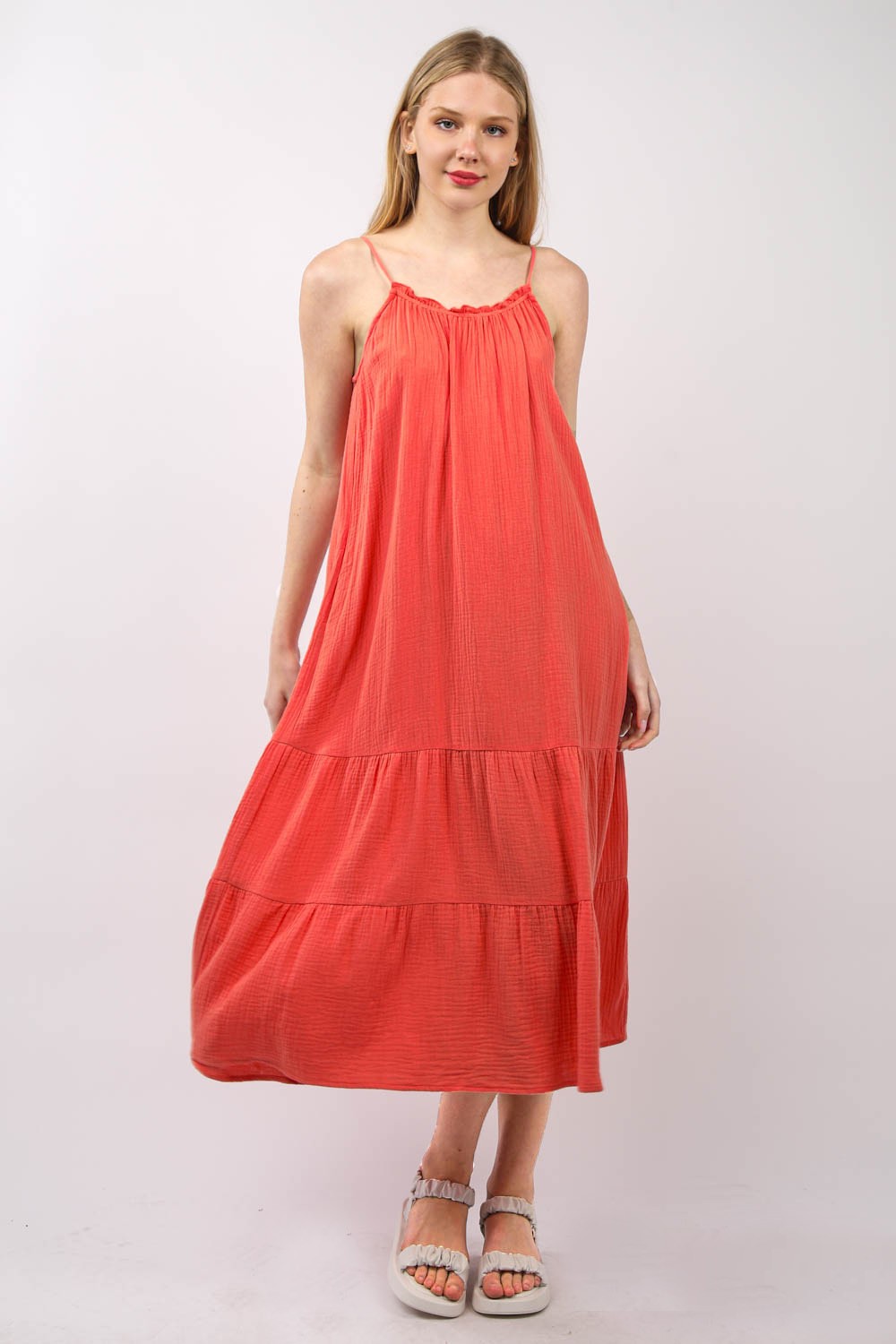 VERY J Ruffled A-Line Tiered Cotton Sleeveless Midi Cami Dress - Rosa Apparel