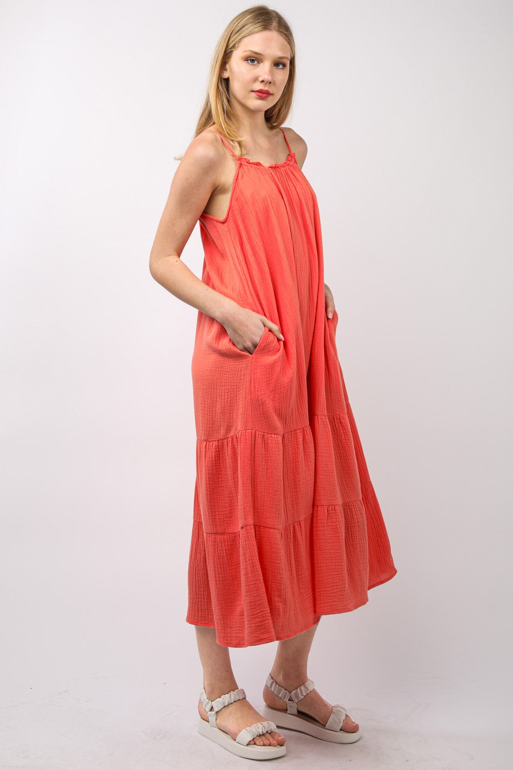 VERY J Ruffled A-Line Tiered Cotton Sleeveless Midi Cami Dress - Rosa Apparel