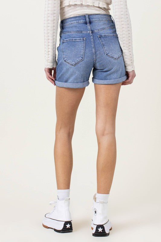 Vibrant M.I.U. Denim Shorts with Pin Tuck Detail - Rosa Apparel