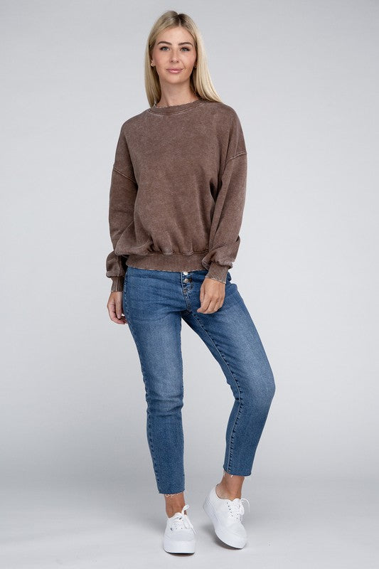 Zenana Acid Wash Fleece Oversized Round Neck Long Sleeves Pullover - Rosa Apparel