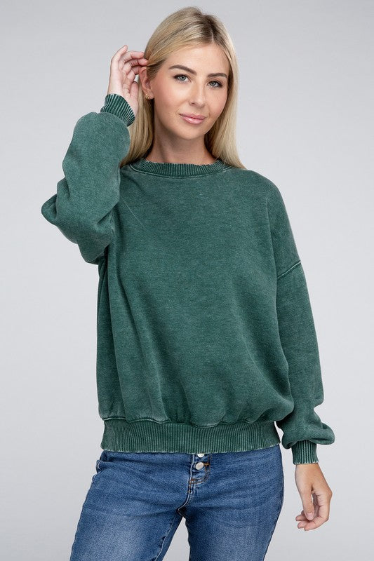 Zenana Acid Wash Fleece Oversized Round Neck Long Sleeves Pullover - Rosa Apparel