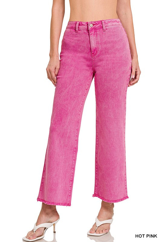 Zenana Acid Wash Frayed Cutoff Hem Straight Wide Jeans Pants - Rosa Apparel