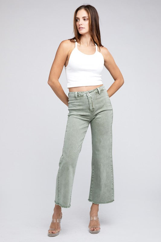 Zenana Acid Wash Frayed Cutoff Hem Straight Wide Jeans Pants - Rosa Apparel