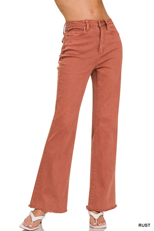 Zenana Acid Washed Frayed Cutoff Hem Straight Wide Jeans Pants - Rosa Apparel