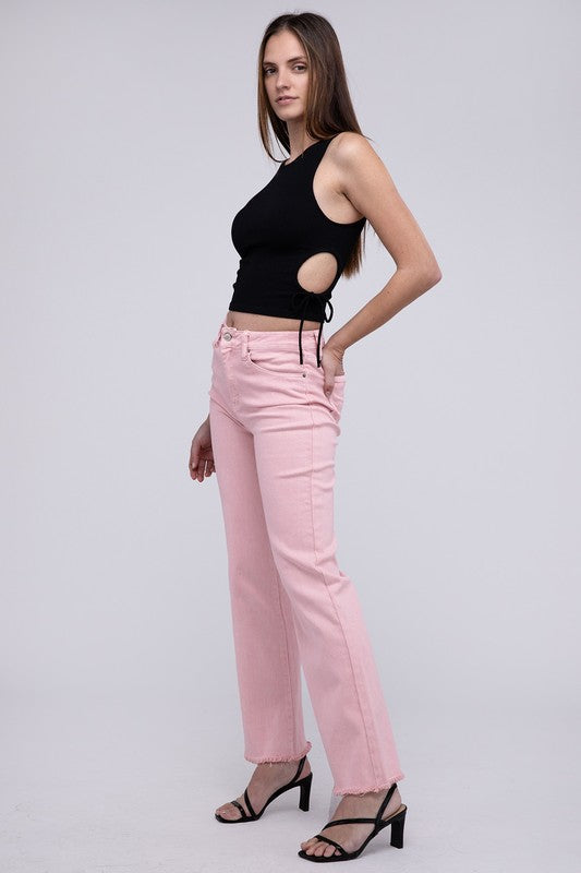 Zenana Acid Washed Frayed Cutoff Hem Straight Wide Jeans Pants - Rosa Apparel