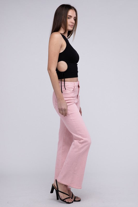 Zenana Acid Washed Frayed Cutoff Hem Straight Wide Jeans Pants - Rosa Apparel