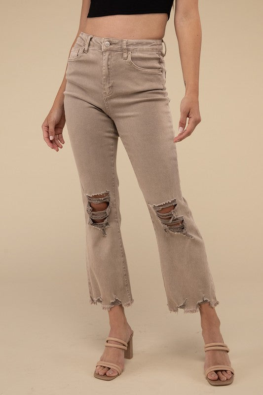 Zenana Acid Washed High Waist Distressed Straight Jeans Pants - Rosa Apparel