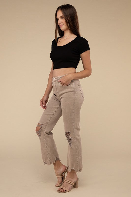 Zenana Acid Washed High Waist Distressed Straight Jeans Pants - Rosa Apparel