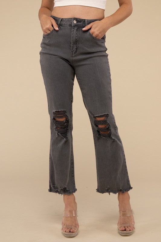 Zenana Acid Washed High Waist Distressed Straight Jeans Pants - Rosa Apparel