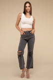 Zenana Acid Washed High Waist Distressed Straight Jeans Pants - Rosa Apparel