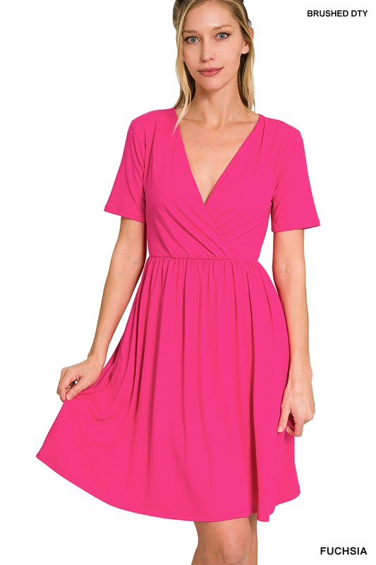 Zenana Brushed DTY Buttery Soft Fabric Surplice Dress - Rosa Apparel