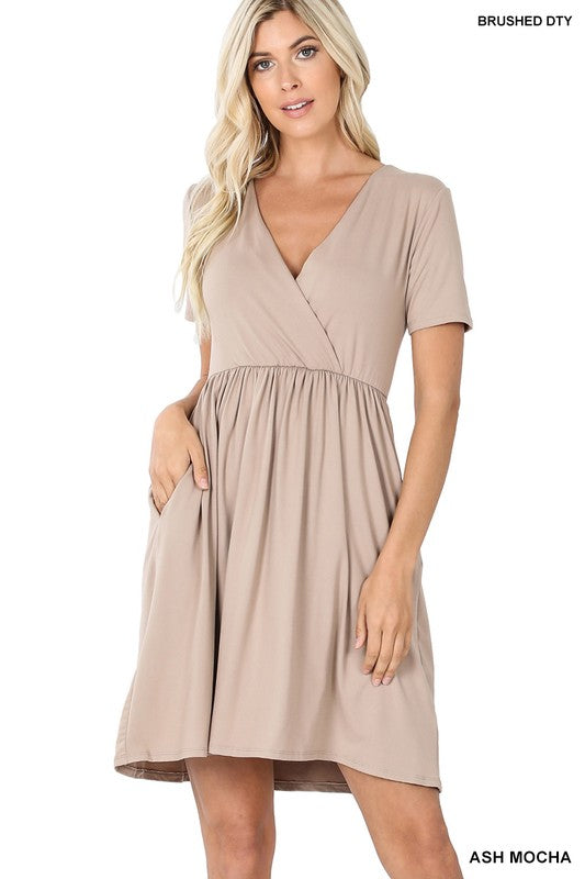 Zenana Brushed DTY Buttery Soft Fabric Surplice Dress - Rosa Apparel