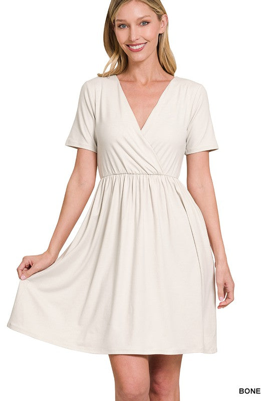 Zenana Brushed DTY Buttery Soft Fabric Surplice Dress - Rosa Apparel