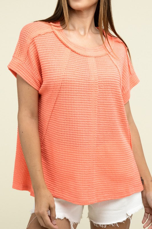 Zenana Brushed Waffle Exposed-Seam Short Sleeve Top - Rosa Apparel