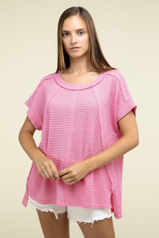 Zenana Brushed Waffle Exposed-Seam Short Sleeve Top - Rosa Apparel