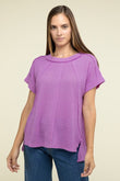 Zenana Brushed Waffle Exposed-Seam Short Sleeve Top - Rosa Apparel