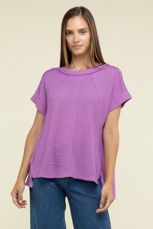 Zenana Brushed Waffle Exposed-Seam Short Sleeve Top - Rosa Apparel