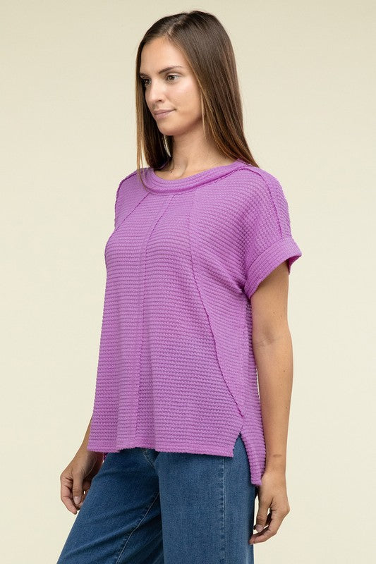 Zenana Brushed Waffle Exposed-Seam Short Sleeve Top - Rosa Apparel