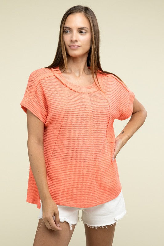 Zenana Brushed Waffle Exposed-Seam Short Sleeve Top - Rosa Apparel