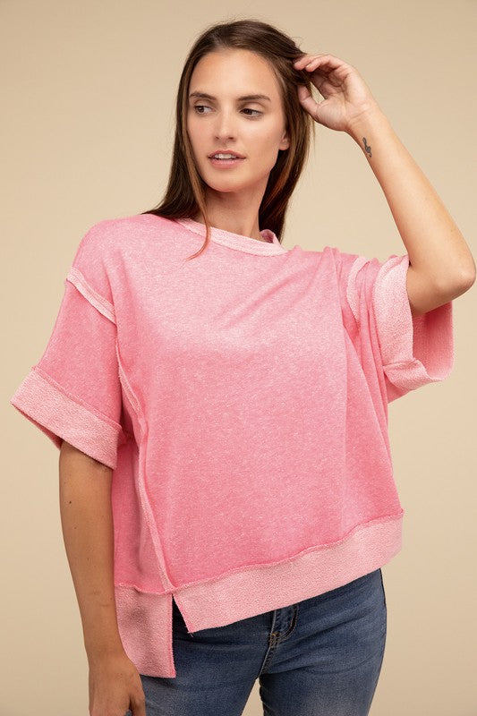 Zenana Casual Contrast Trim Top Stitching Drop Shoulder Loose Top - Rosa Apparel