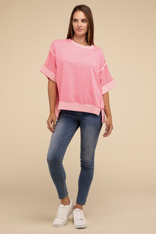 Zenana Casual Contrast Trim Top Stitching Drop Shoulder Loose Top - Rosa Apparel