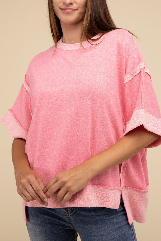 Zenana Casual Contrast Trim Top Stitching Drop Shoulder Loose Top - Rosa Apparel