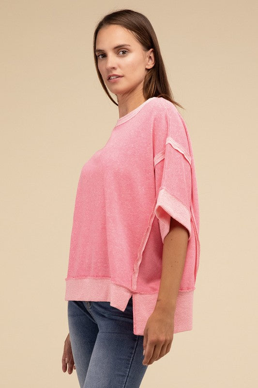 Zenana Casual Contrast Trim Top Stitching Drop Shoulder Loose Top - Rosa Apparel