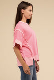 Zenana Casual Contrast Trim Top Stitching Drop Shoulder Loose Top - Rosa Apparel