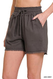 Zenana Casual Linen Frayed Hem Drawstring Elastic Raw Edge Shorts with Pockets - Rosa Apparel