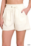 Zenana Casual Linen Frayed Hem Drawstring Elastic Raw Edge Shorts with Pockets - Rosa Apparel