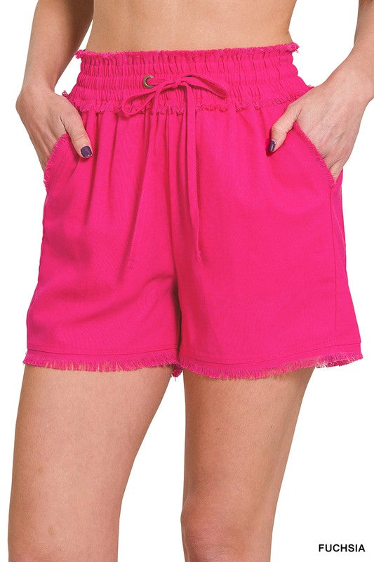 Zenana Casual Linen Frayed Hem Drawstring Elastic Raw Edge Shorts with Pockets - Rosa Apparel