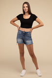 Zenana Casual Mid Rise Raw Frayed Hem Zip Fly Denim Shorts - Rosa Apparel