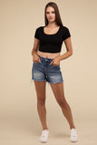 Zenana Casual Mid Rise Raw Frayed Hem Zip Fly Denim Shorts - Rosa Apparel