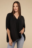 Zenana Casual Woven Airflow V-Neck Puff Half Sleeve Oversized Top - Rosa Apparel