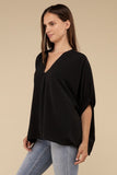 Zenana Casual Woven Airflow V-Neck Puff Half Sleeve Oversized Top - Rosa Apparel