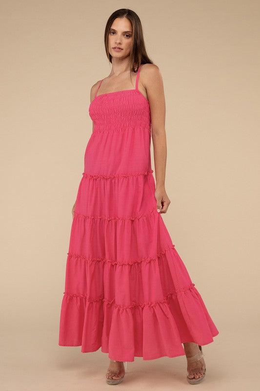 Zenana Casual Woven Smocked Top Tiered Cami Regular Maxi Dress - Rosa Apparel