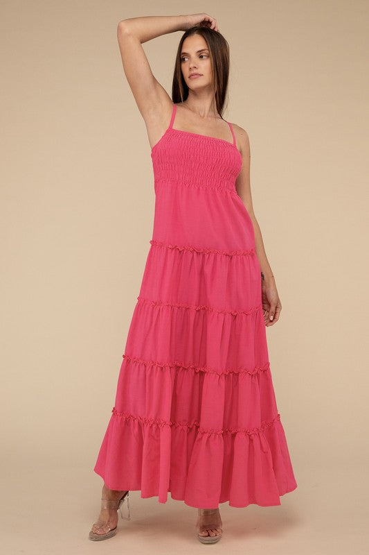 Zenana Casual Woven Smocked Top Tiered Cami Regular Maxi Dress - Rosa Apparel