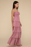 Zenana Casual Woven Smocked Top Tiered Cami Regular Maxi Dress - Rosa Apparel