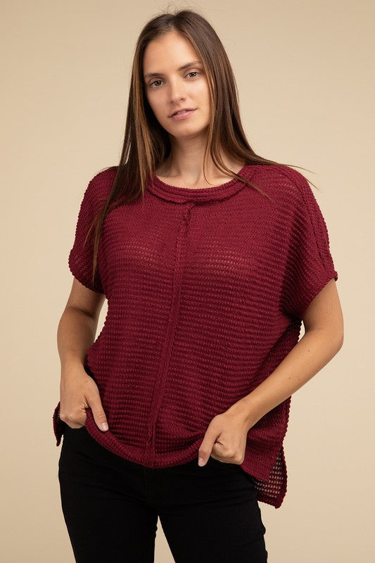 Zenana Dolman Short Sleeve Jacquard Sweater - Rosa Apparel