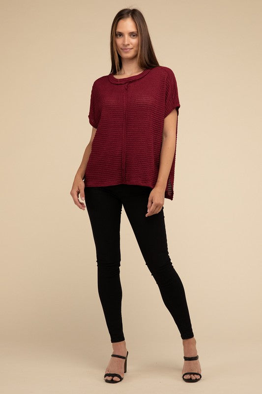 Zenana Dolman Short Sleeve Jacquard Sweater - Rosa Apparel