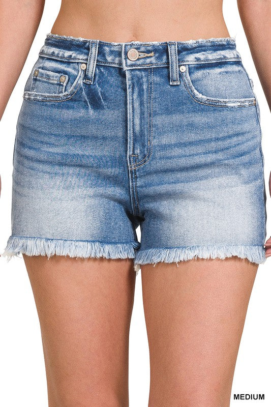 Zenana Mid Rise Raw Frayed Hem Denim Shorts - Rosa Apparel