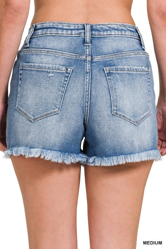 Zenana Mid Rise Raw Frayed Hem Denim Shorts - Rosa Apparel