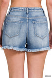 Zenana Mid Rise Raw Frayed Hem Denim Shorts - Rosa Apparel