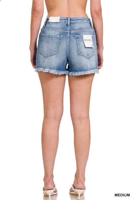 Zenana Mid Rise Raw Frayed Hem Denim Shorts - Rosa Apparel