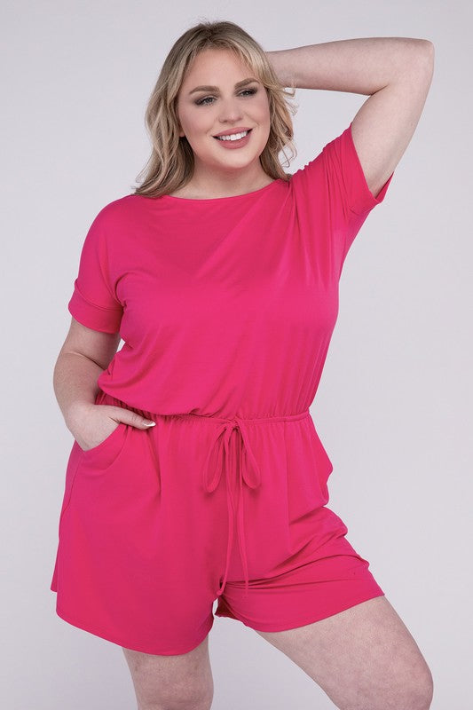 Zenana Plus Brushed DTY Round Neck Short Sleeves Romper with Pockets - Rosa Apparel