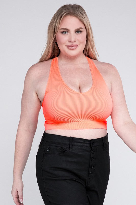 Zenana Plus Ribbed Cropped Racerback V-Neck Tank Top - Rosa Apparel