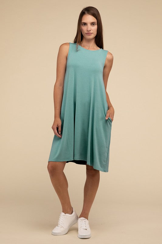 Zenana Sleeveless Flared Dress with Side Pockets - Rosa Apparel